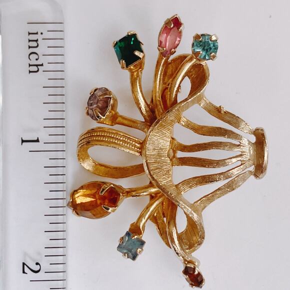 Vintage Mid Century Floral Basket Brooch Gold Tone Rhinestone 1950s 1960s - Picture 10 of 10